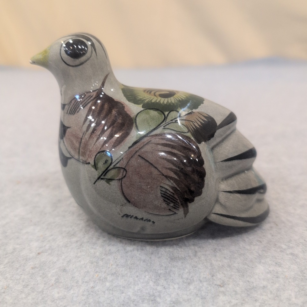 Tonala Mexican Folk Art Ceramic Bird Figurine Hand Painted Signed Gray Brown - Picture 3 of 6